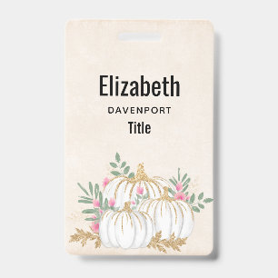 White and Gold Pumpkins Watercolor ID Badge