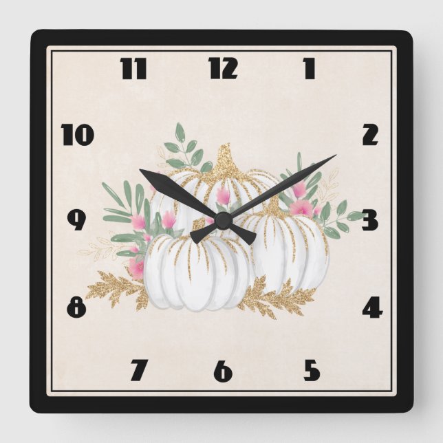 White and Gold Pumpkins Watercolor Large Clock (Front)