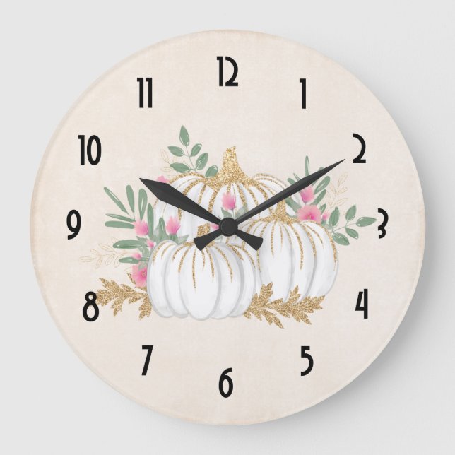 White and Gold Pumpkins Watercolor Large Clock (Front)