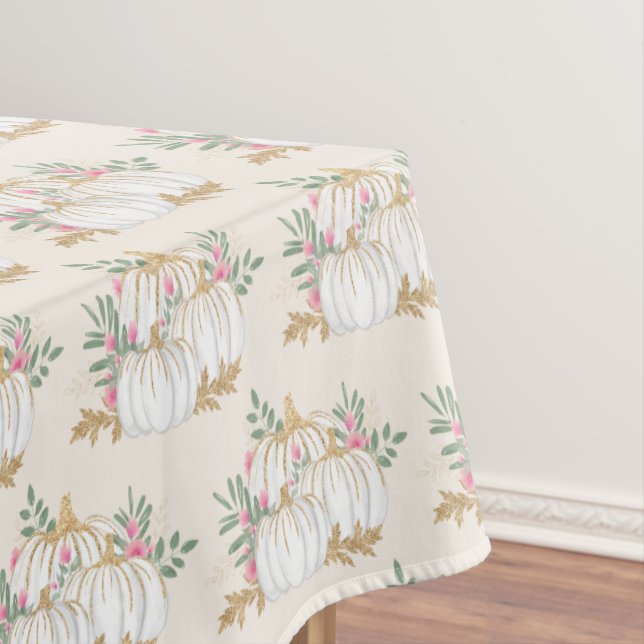 White and Gold Pumpkins Watercolor Pattern Tablecloth (In Situ)