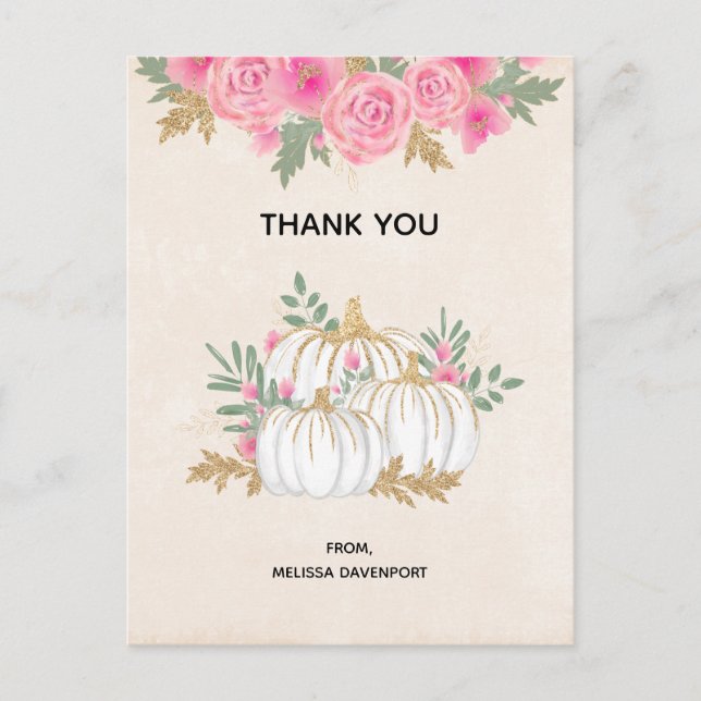 White and Gold Pumpkins Watercolor Thank You Postcard (Front)