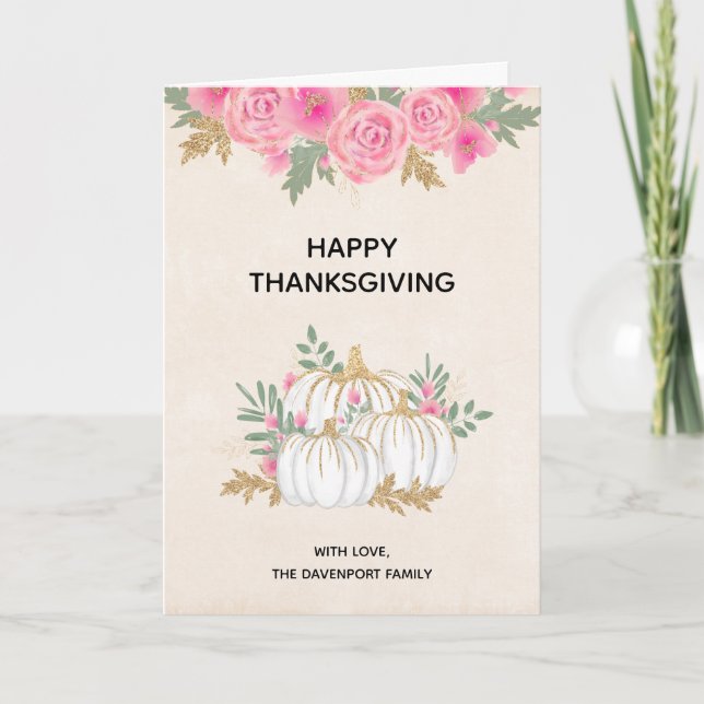 White and Gold Pumpkins Watercolor Thanksgiving Card (Front)
