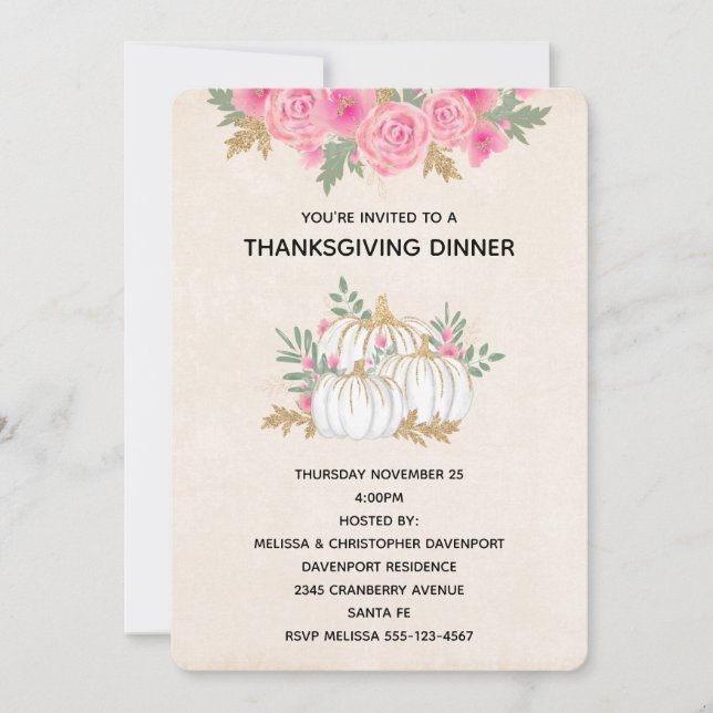 White and Gold Pumpkins Watercolor Thanksgiving Invitation (Front)