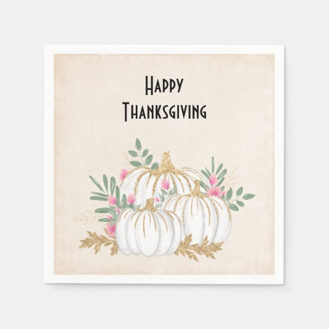 White and Gold Pumpkins Watercolor Thanksgiving Napkin (Front)