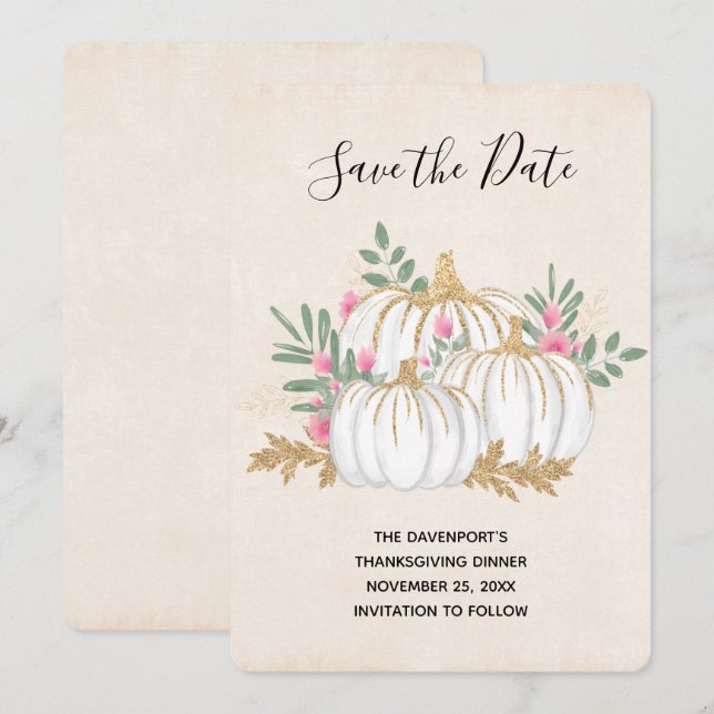 White and Gold Pumpkins Watercolor Thanksgiving Save The Date (Front/Back)