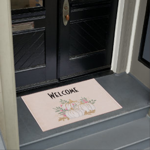 White and Gold Pumpkins Watercolor Welcome Doormat