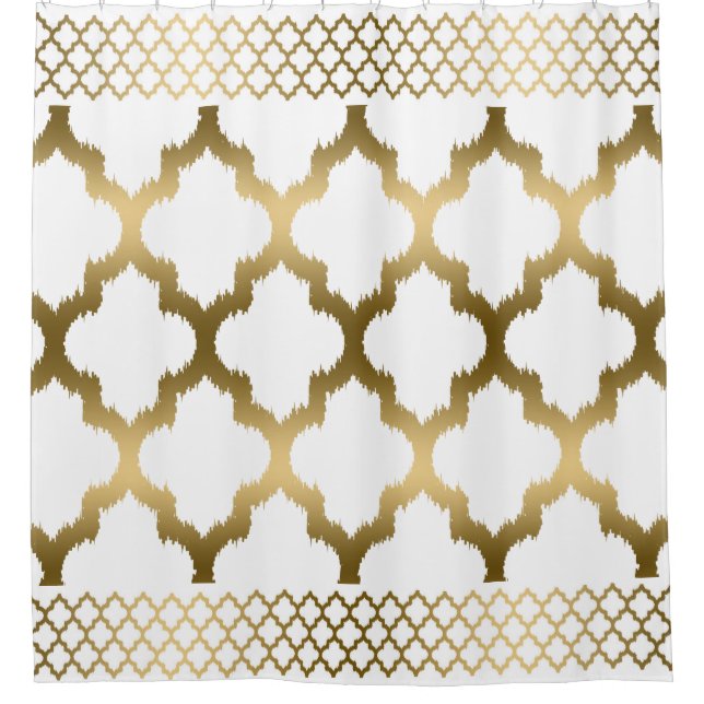 White And Gold Quatrefoil With Border Shower Curtain (Front)