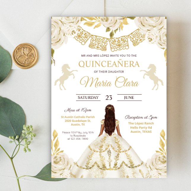 White and Gold Quinceanera Ivory Mis Quince Roses Invitation (Creator Uploaded)
