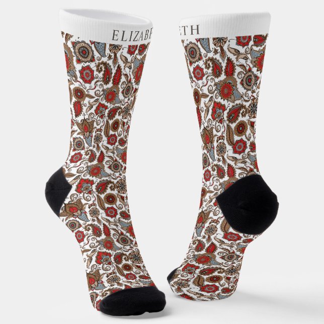 White and Gold Red Paisley Pattern Socks (Angled)