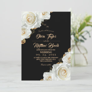 White and Gold Rose Floral Black Wedding Invitation