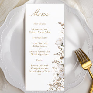 White and Gold Roses Elegant Botanical Wedding Menu