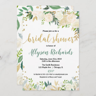 White and gold roses floral bridal wedding shower invitation