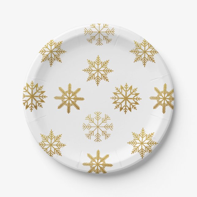 White and Gold Snowflakes Ornament Paper Plate (Front)