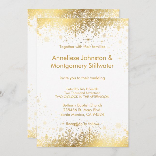 White and Gold Snowflakes Wedding Invitation (Front/Back)