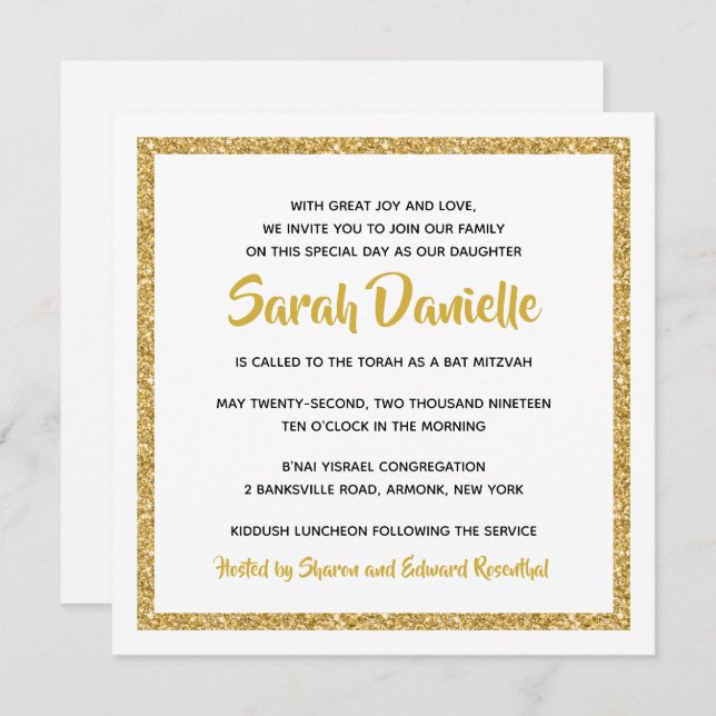 White and Gold Square Bat Mitzvah Invitation (Front/Back)
