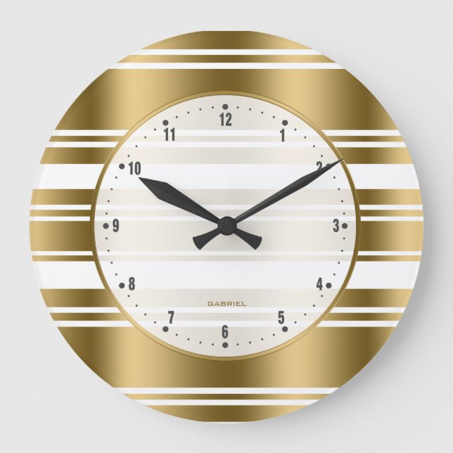 White And Gold Stripes Pattern 3 Large Clock (Front)