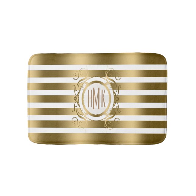 White And Gold Stripes With Swirls Frame Bath Mat (Front)