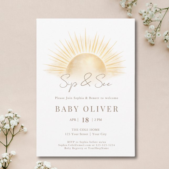 White and Gold Sunshine Gender Neutral Sip And See Invitation (Creator Uploaded)