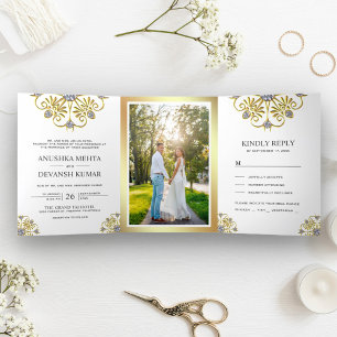 White and Gold Traditional Mandala Indian Wedding Tri-Fold Invitation