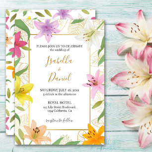 White and Gold Tropical Lily Wedding Invitation