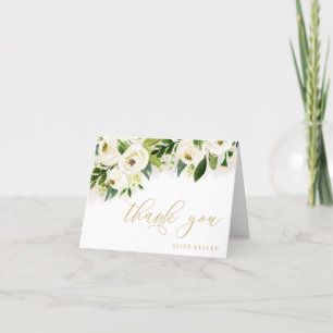 White and Gold Watercolor Floral Personalised Thank You Card
