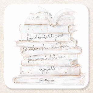 White and Gold Watercolor Friendship & Books Quote Square Paper Coaster