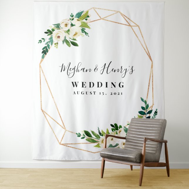 White And Gold Wedding Backdrop, Photo Booth Prop Tapestry (In Situ)