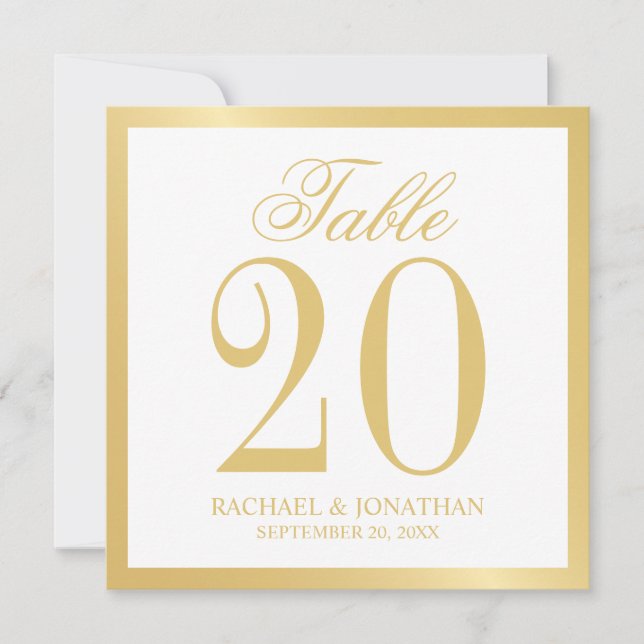 White and Gold Wedding Square Table Number Card (Front)