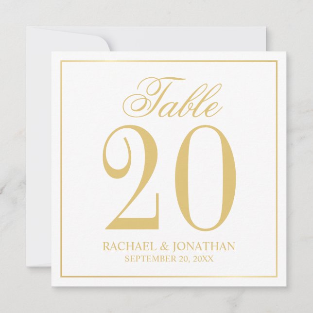 White and Gold Wedding Square Table Number Card (Front)
