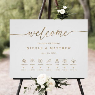 White and Gold Wedding Welcome Sign with Timeline