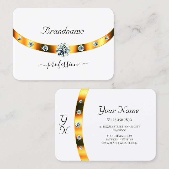 White and Gold with Monogram Diamonds Professional Business Card (Front/Back)