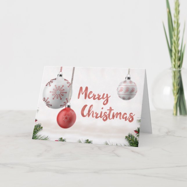 White and Golden Ball With Snow Merry Christmas Holiday Card (Front)