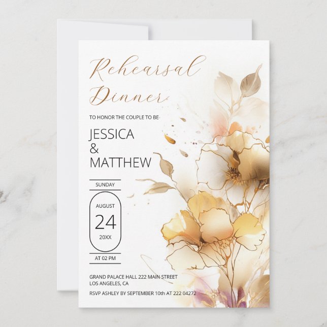 White and Golden Flowers Wedding Rehearsal Invitation (Front)