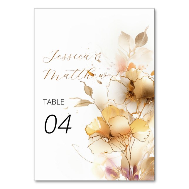 White and Golden Flowers Wedding Table Number (Front)