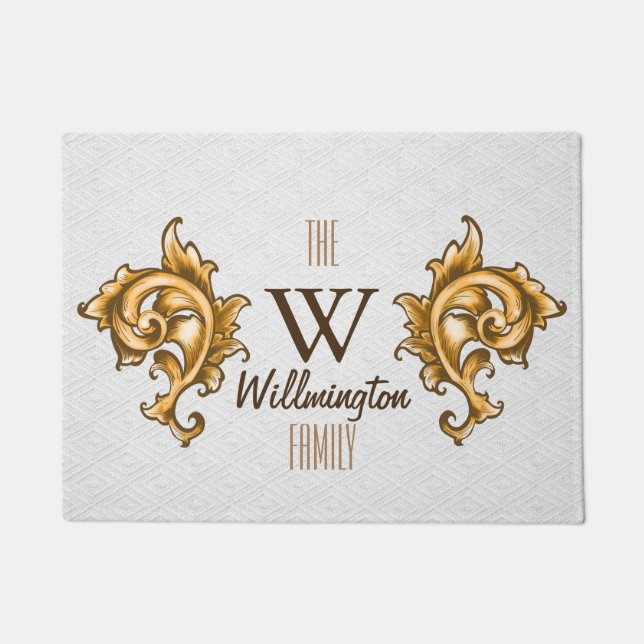 White and Golden Laurels Fancy Family Name Doormat (Front)