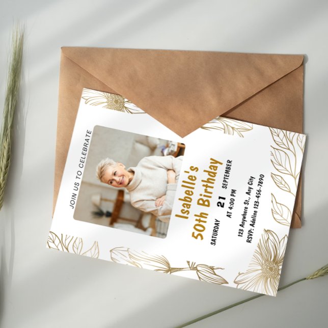 White And Golden Photo Floral Elegant Adult 50th Invitation (Creator Uploaded)