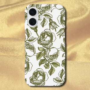 White and Golds Vintage Roses Etching on White iPhone 16 Case