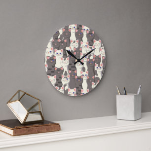 White and gray cats pattern large clock