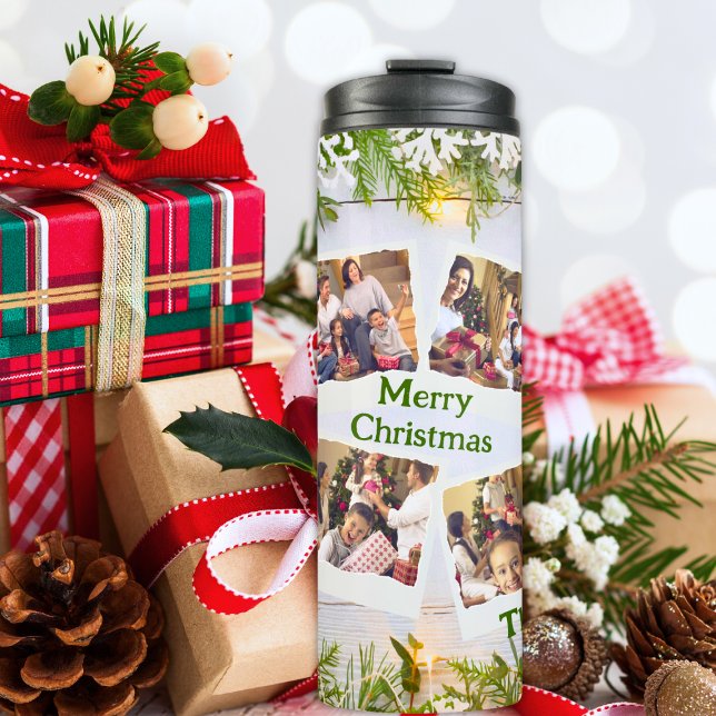 White and Green 8 Photo Template Christmas Thermal Tumbler (Creator Uploaded)
