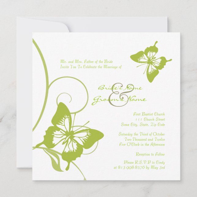 White and Green Butterfly Wedding Invitation (Front)
