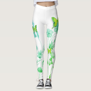 White and green floral and butterfly leggings