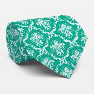 White and Green Floral Damask Pattern Tie