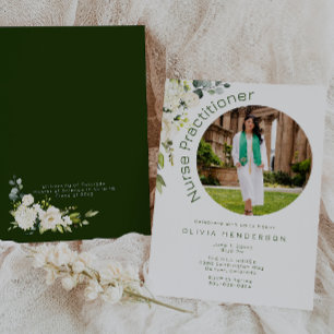 White and Green Floral Photo Graduation Invitation