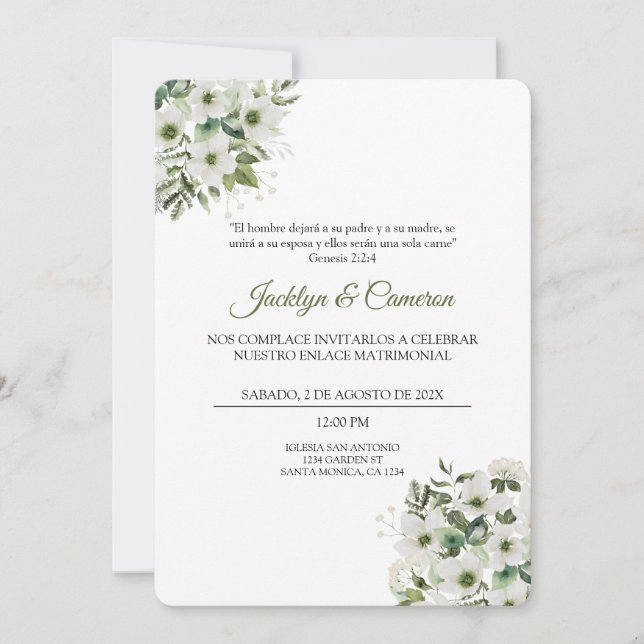 White and green Floral Spanish Wedding Invitation (Front)
