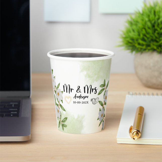 White and Green Floral Watercolor  Paper Cups (Insitu)