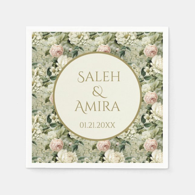 White and Green Floral Wedding Sugar Cookies Napkin (Front)