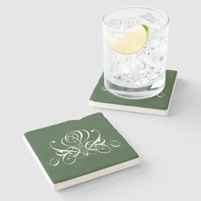 White and Green Flourish Rose Stone Coaster (Side)