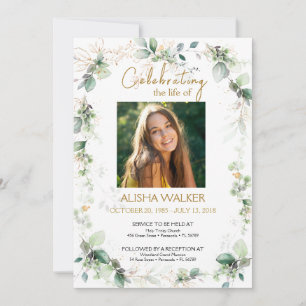 White and Green Foliage Photo Memorial Service  Invitation