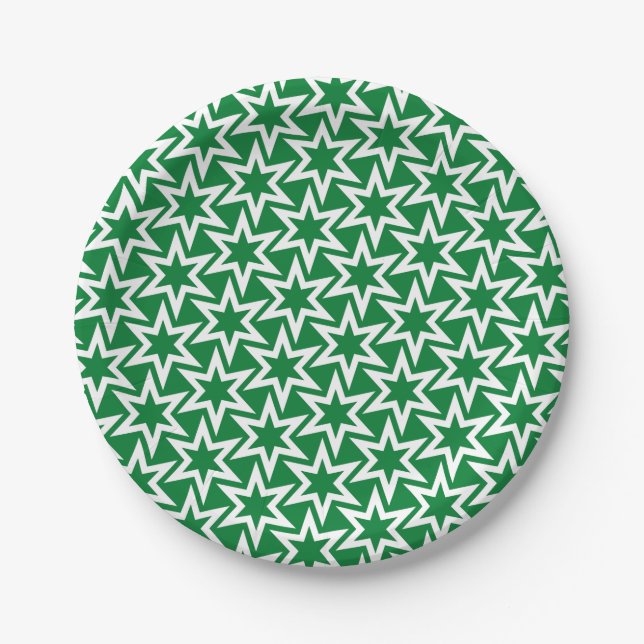 White and Green Geometric Star Pattern Paper Plate (Front)
