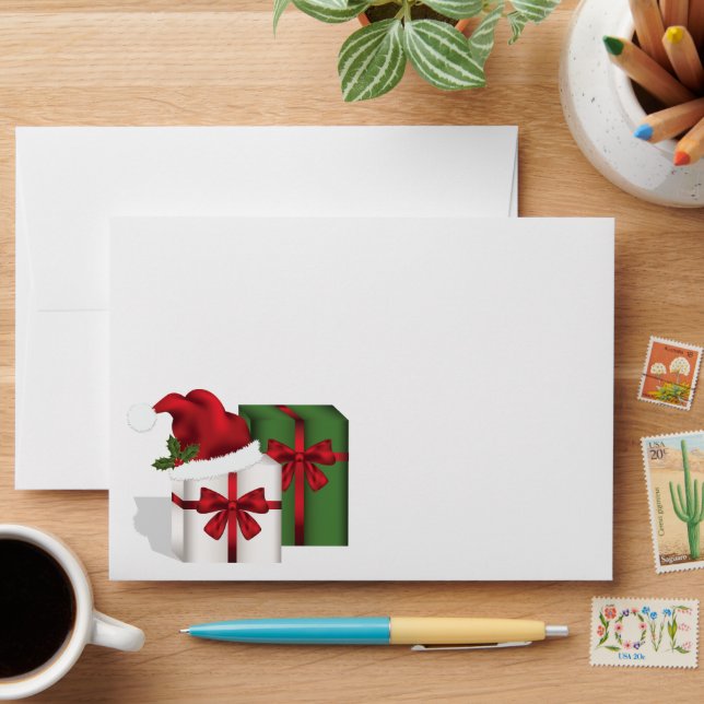 White And Green Gift Boxes With A Santa Hat Envelope (Desk)